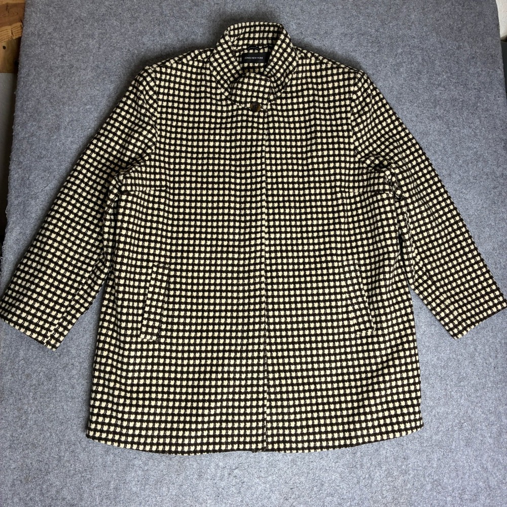 Jones New York Wool Blend Car Coat Women 2X Brown Cream Excellent Grid Check